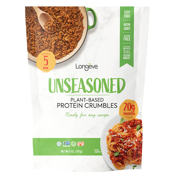 Longeve Unseasoned Plant-Based Protein Crumbles - 6oz. - A plant-based alternative to crumbled beef.